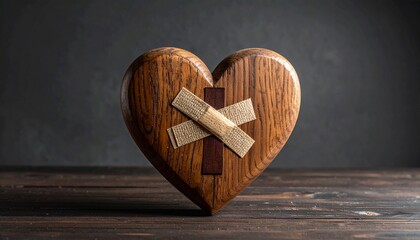 Heart Symbol Crafted From Wood With Bandages Suggesting Repair, Healing, and Symbolic Meaning