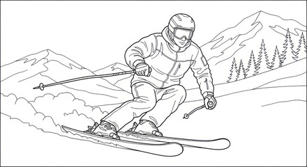 Skier mountain landscape line art