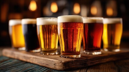 Various beers on a wooden paddle are arranged on a rustic table. Showcase different craft beer types or promote happy hour specials.