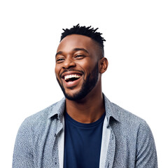 Joyful young Black man with a beard laughing heartily in a studio shot, expressing happiness and positive emotion on a transparent background.
