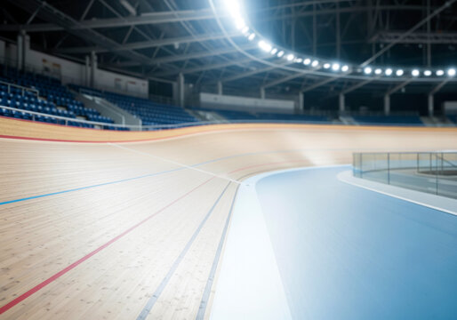 Indoor velodrome cycling track with smooth wooden surface and blue racing lane under bright stadium lighting ideal for sports background or event mockup design
