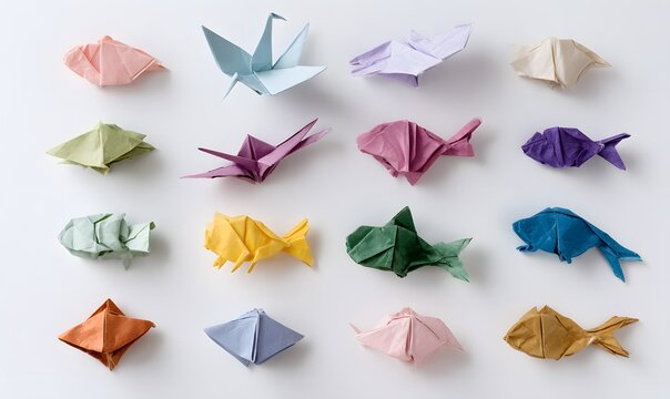 set of multiple origami animals (crane, frog, fish) made from colorful paper - Powered by Adobe