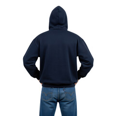 Rear view of an anonymous young adult male in a dark blue hooded sweatshirt and blue jeans, standing against a plain transparent background.