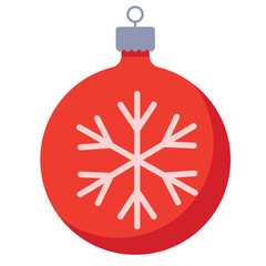 Red Christmas ornament ball illustration with a drawn snowflake on its surface. Simple festive decoration for holiday design, New Year greeting cards, winter celebrationr. Flat cartoon style vector