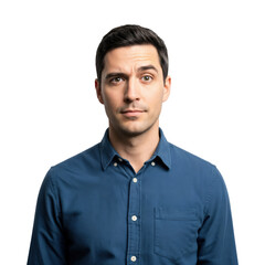 Serious young adult Caucasian man in a blue button-up shirt looking directly at the camera with a thoughtful expression against a transparent background.