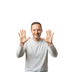 Smiling Caucasian man in white t-shirt holding up both hands with palms forward, showing ten fingers on a transparent background