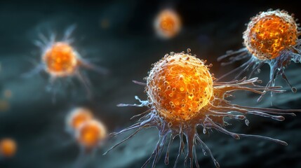 Depicts cancer cells under microscopic view, dark blurred background. Visualize medical research or healthcare fighting against tumors.