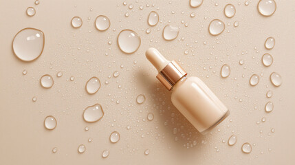 Skincare Dropper Bottle with Serum on a Wet Beige Background with Water Droplets