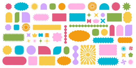 Set of colored geometric forms with wavy edges. Cute basic shapes with scalloped borders. Empty text box, sticker, tag or label templates isolated on white background. Vector flat illustration.
