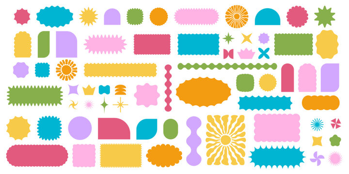 Set of colored geometric forms with wavy edges. Cute basic shapes with scalloped borders. Empty text box, sticker, tag or label templates isolated on white background. Vector flat illustration.