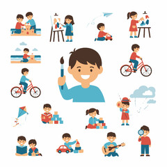 Fototapeta premium Colorful illustrated image featuring various children involved in different activities and pastimes