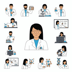 Fototapeta premium Cartoon illustration featuring various scientists of diverse gender, holding laboratory equipment in a lab