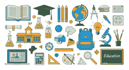 A collection of educational objects, including books, globes, school, backpack, and tools