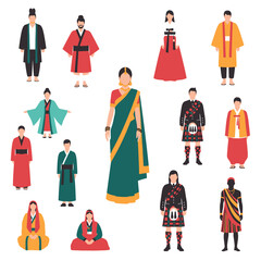 A collection of various stylized figures of people wearing cultural traditional clothing