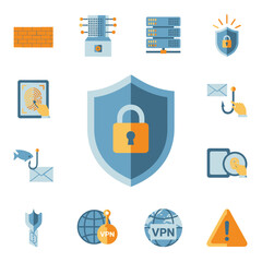 Digital security graphic with icons representing security measures and threats