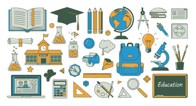 A collection of educational objects, including books, globes, school, backpack, and tools