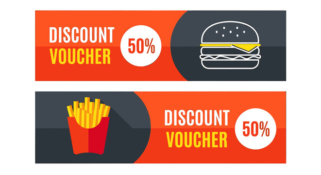 Grab a tasty 50% discount with these vibrant food voucher designs, perfect for enticing customers to your restaurant with these eye-catching promotions - Powered by Adobe