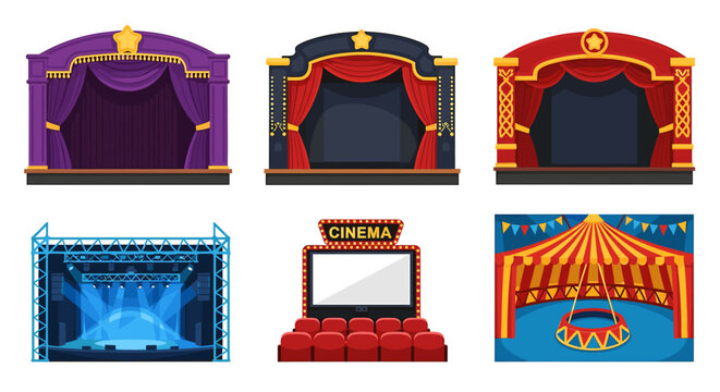 Captivating collection of diverse stages and entertainment venues including theatre curtains, cinema screen, and circus tent for event promotion and design