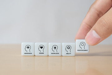 ADKAR model. Awareness, Desire, Knowledge, Ability, Reinforcement. Business Strategy. Change management concept. Methodology for success of change. Businessman puts dice with icon change model