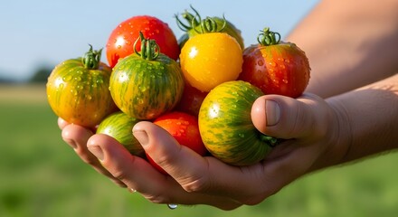 Close-Up of Farmer's Hands Holding a Harvest of Fresh Colorful Heirloom Variety Cherry Tomatoes with Water Drops