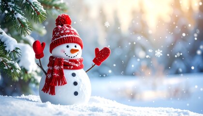 Obraz premium Cute Snowman in Red Hat and Scarf - Sunny Winter Landscape - Festive Holiday Greeting - AI Generative