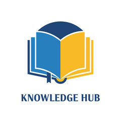 A colorful, open book logo with pages in blue and gold, a bookmark, and accompanying text