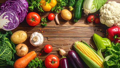 Fresh vegetable assortment on wooden table with vibrant colors and natural textures including tomatoes corn eggplant cabbage carrot and peppers creating healthy and appetizing display