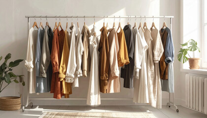 Clothing rack with neutral tone dresses and shirts hanging on wooden hangers in bright room with natural light and green plants creating calm and cozy atmosphere