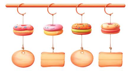 Colorful Donuts with Wooden Signs Hanging on a Pipe against Transparent Background