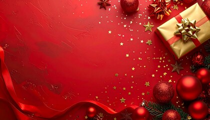 Festive red backdrop with holiday ornaments, presents, and scattered golden stars