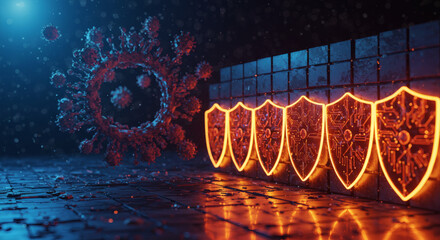 A powerful shield formation bravely defending against a large, glowing virus in a digital futuristic setting