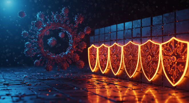 A powerful shield formation bravely defending against a large, glowing virus in a digital futuristic setting - Powered by Adobe