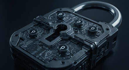 Intricate digital padlock featuring advanced circuit board design, symbolizing robust cybersecurity, data protection, and secure access in a modern technological landscape
