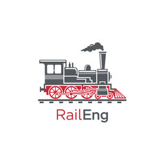 Naklejka premium A grayscale and red stylized train logo on a white background, with smoke and text below