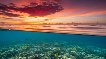 Fototapeta premium tranquil split-level seascape revealing harmony between sunset and underwater world. The upper sky bursts with molten gold and crimson, fading into soft mauve near the zenith. Beneath, gentle ripples 