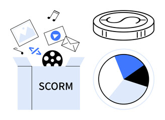 Open box labeled SCORM releasing media files, charts for data analytics, a coin for monetization. Ideal for e-learning, content development, analytics, progress tracking, monetization, multimedia