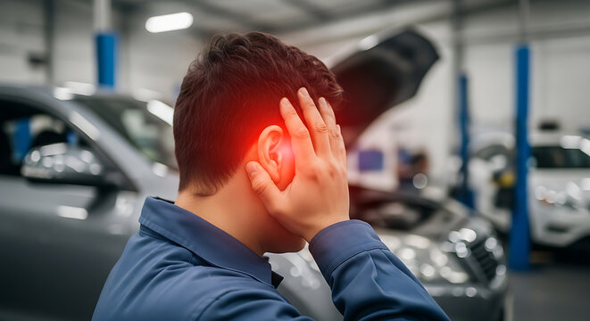 Mechanic suffering from ear pain or tinnitus in a noisy car repair shop, highlighting occupational hearing issues and discomfort.