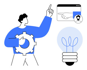 Person holding gear and pointing to interface with profile and hand, alongside glowing light bulb. Ideal for teamwork, innovation, problem-solving, technology, creativity, leadership, business