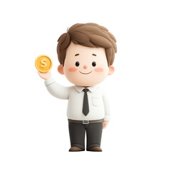 Cheerful character holding a coin, symbolizing finance and success in business.