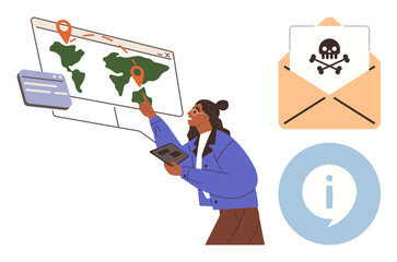 Woman analyzing global map with marker icons, holding tablet, alongside a malicious email warning and info bubble. Ideal for cybersecurity, data protection, online safety, threat detection