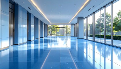 Modern Office Interior with Reflective Floor and Natural Light, Commercial Space Architecture