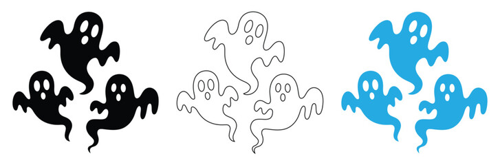 Spooky Halloween ghost silhouette bundle.Halloween ghost, spooky cartoon poltergeist.Scary ghost characters,fly funny spook,Spooky ghost trio for Halloween fun in black,white and blue,editable stroke