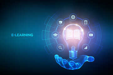 Education. Light bulb with book icon inside in hand. E-learning. Innovative online education technology concept. Skill development. Webinar, teaching, online training courses. Vector illustration.