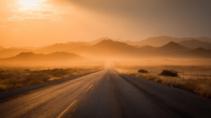Fototapeta premium Empty asphalt road stretches into a hazy, golden sunset landscape. Mountains rise in the distance, veiled by a soft, orange dust haze