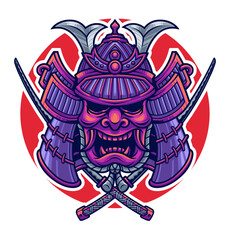 Samurai Warrior Illustration: A fierce illustration of a samurai warrior, radiating power and valor, features a detailed helmet and crossed swords against a striking red backdrop, ready for battle.