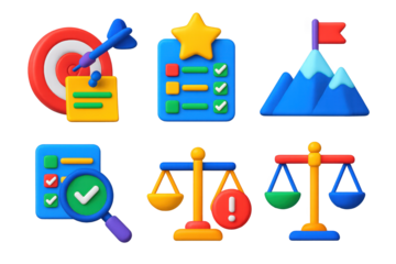 3D Goal Icons. 3D icon set of priority and goal setting: dartboard with task pinned, star above top task, to-do list with levels,