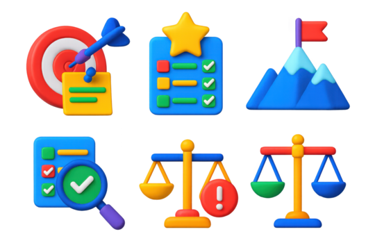3D Goal Icons. 3D icon set of priority and goal setting: dartboard with task pinned, star above top task, to-do list with levels,