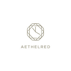 Minimalist clock logo, octagonal outline, hour and minute hands. Simple design with text below on white