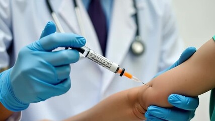 Medical professional in blue gloves administers vaccine injection to patients arm, showcasing healthcare practices and patient care in a clinical environment - Powered by Adobe