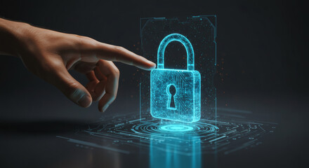 Digital security and data protection concept with a glowing padlock icon illuminated by a fingertip touch